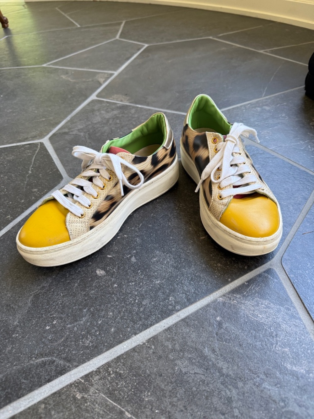 Italian made, Leopard Print Sneakers with Yellow Toe Caps